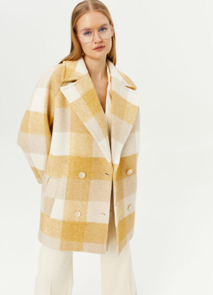 Coat RCTO05 Geltonas langeliais, vilna, oversize kirpimas, dvieilis
