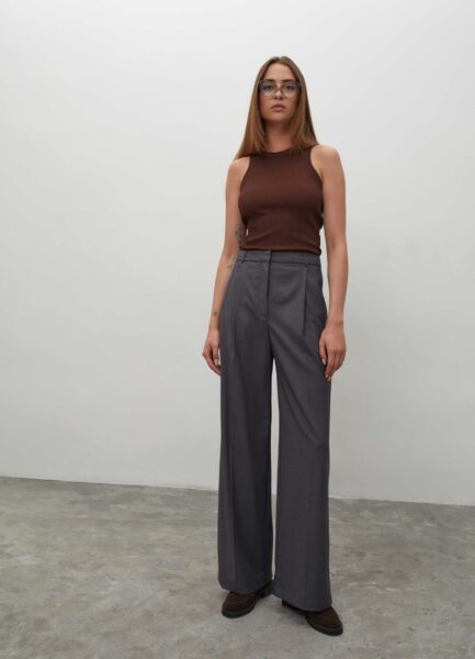 R24 Pants Grey wool, high-rise, wide-leg