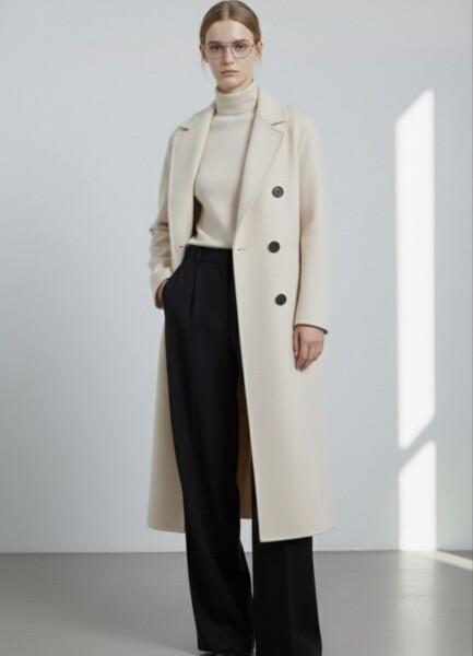 RCTO029 Double-Breasted Midi Off White Coat