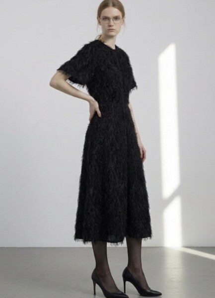 RDRS17 Feathered Black Midi Dress