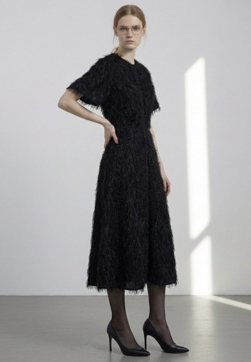 RDRS17 Feathered Black Midi Dress