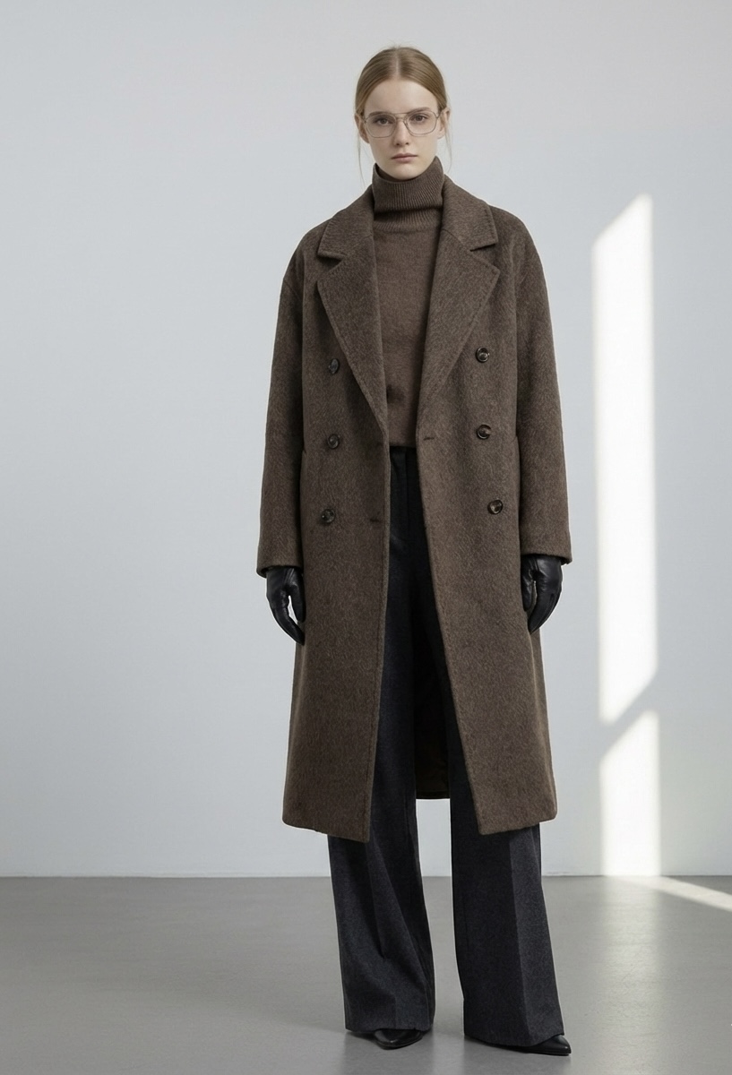 RCTO029 Double-Breasted Midi Brown Coat