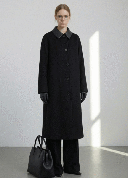 RCTO07 Black Wool Overcoat with Leather Collar and Belt
