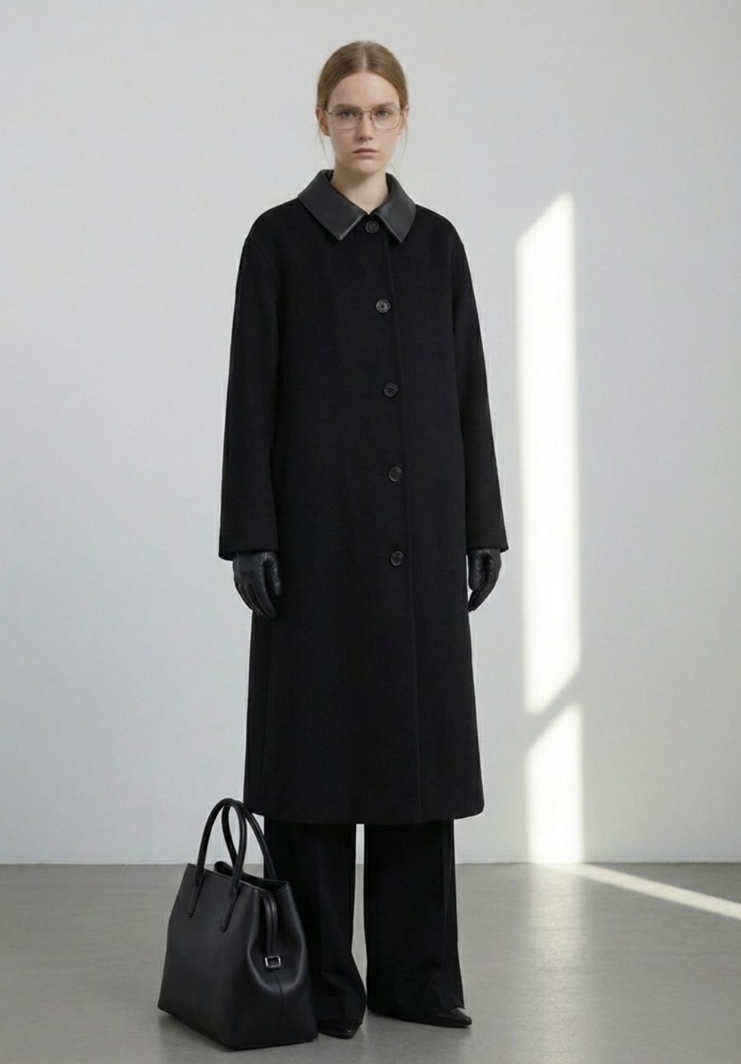 RCTO07 Black Wool Overcoat with Leather Collar and Belt