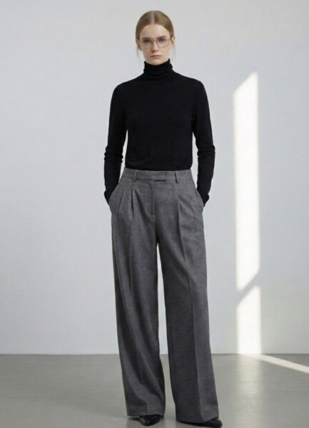 Trousers RTRS09 grey wool, mid/low-rise, wide leg