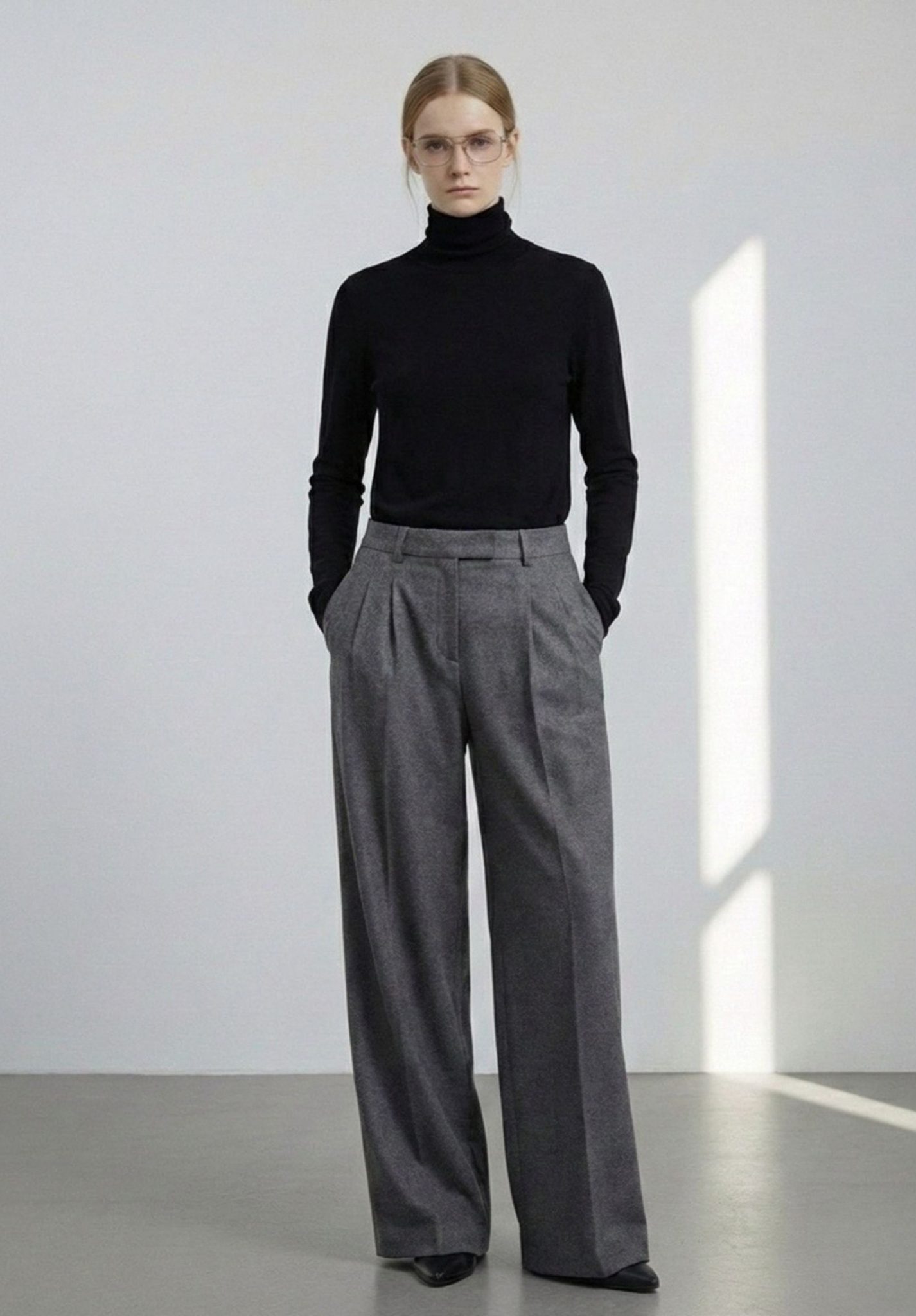 Trousers RTRS09 grey wool, mid/low-rise, wide leg
